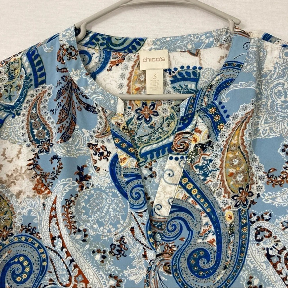 Chico's Paisley Y Neck Layered Asymmetric Long Sleeve Tunic size XL 3 - Picture 3 of 9
